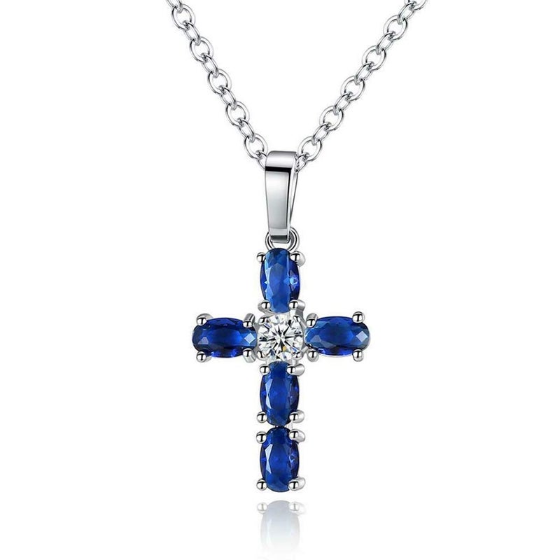 CiNily Created Sapphire and Crystal Cross Pendant Necklace Silver Plated Cross Crucifix Pendant Necklace Jewelry for Women - Image 1